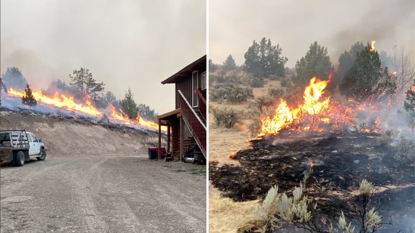 A wildfire burning near a building, with flames and smoke visible in the surrounding area.