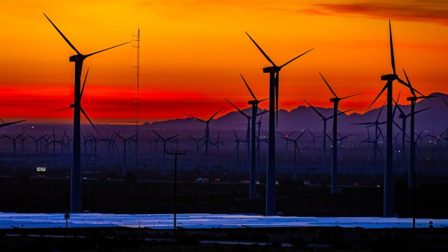 Wind turbines at sunset.