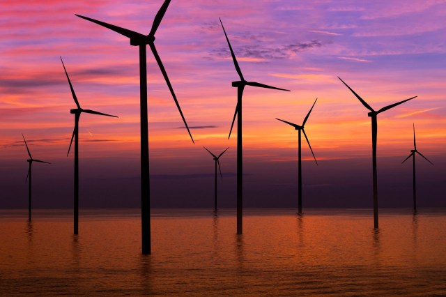 Silhouetted wind turbines in the water.