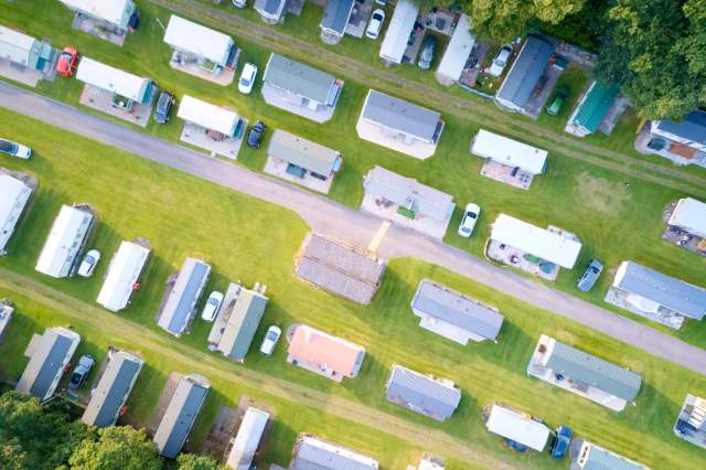 An aerial view of a mobile home park.