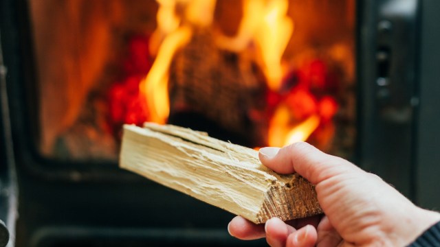 A hand holding a piece of firewood in front of a glowing fireplace.