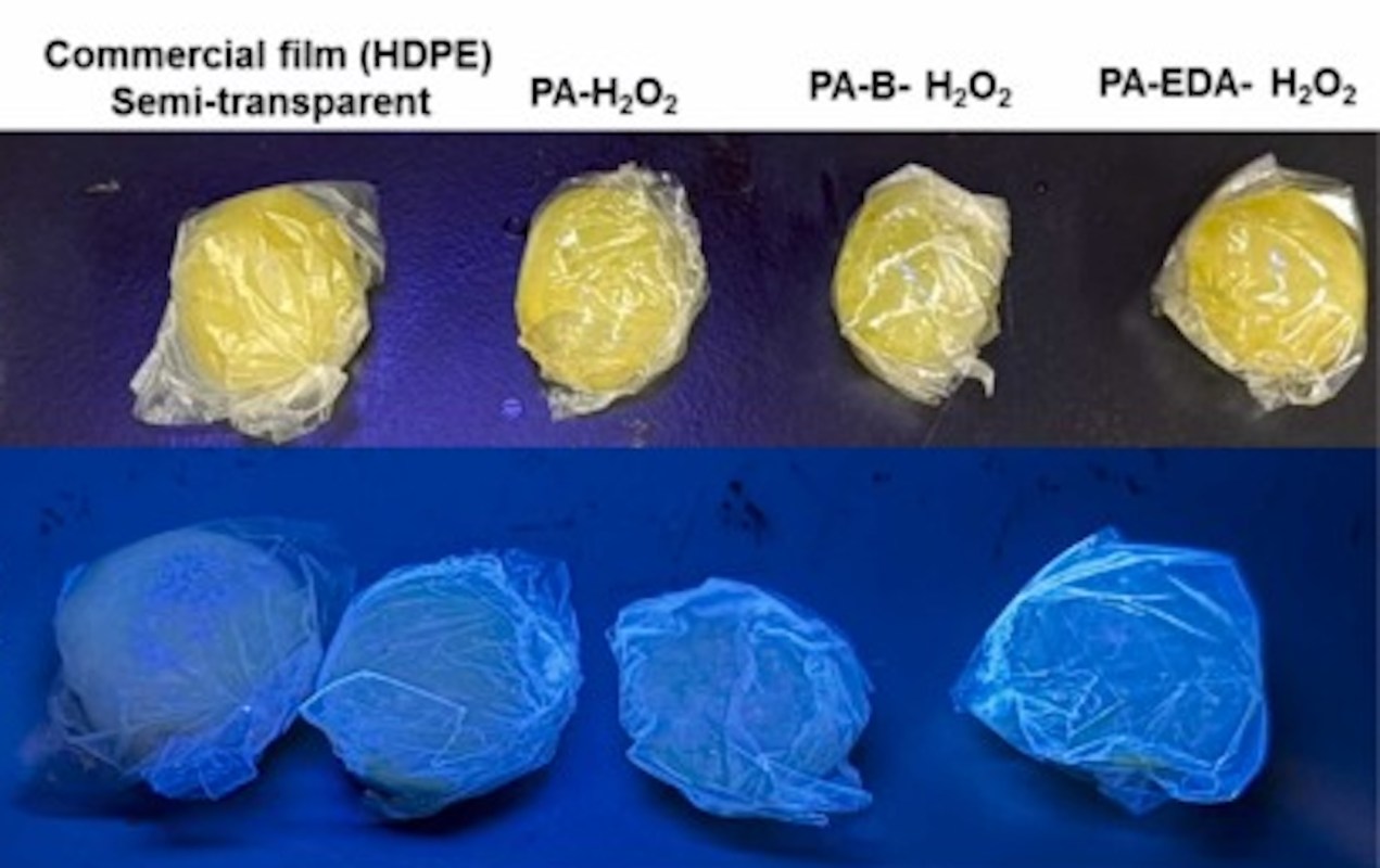 Four wrapped samples labeled with different chemical names under normal and blue lighting conditions.