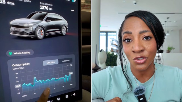 A vehicle dashboard display shows car health information and energy consumption statistics, alongside a woman speaking.