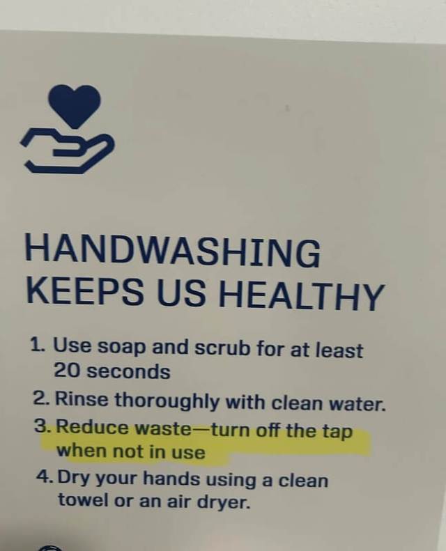 A memo advising employees to turn off tap water when not in use.