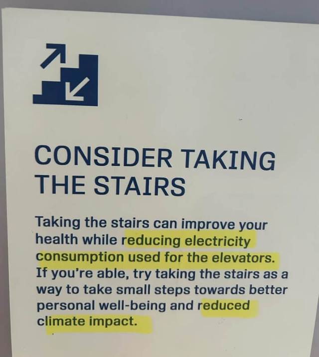 A memo recommending taking the stairs to reduce electricity consumption from elevators.