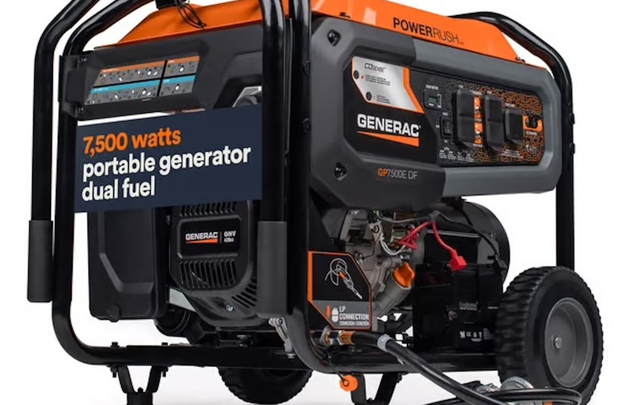 A Generac portable dual fuel generator labeled with specifications, including 7,500 watts power output.