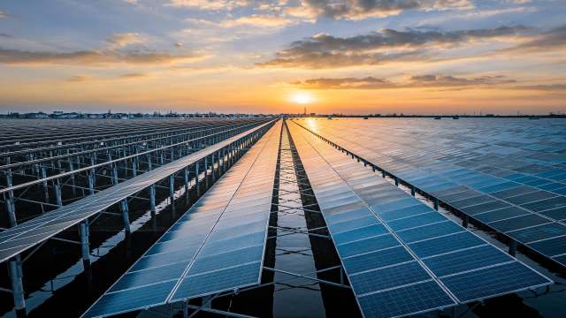 A solar farm at sunset.