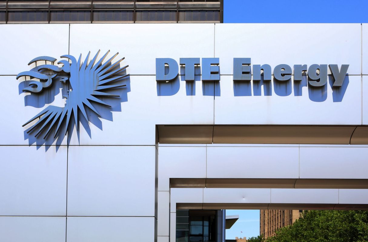 DTE Energy sign at headquarters in Detroit Michigan