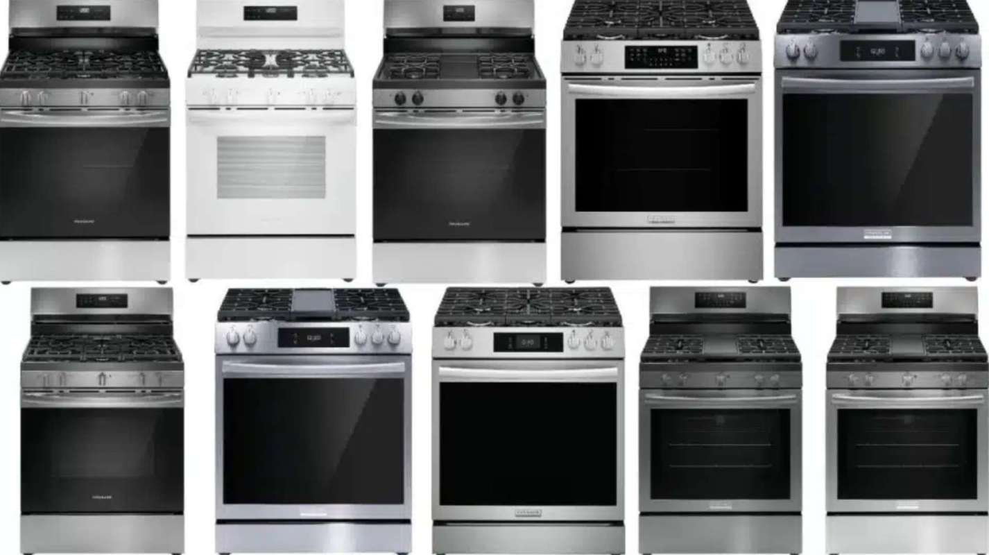 A display of various kitchen ranges in different colors and styles.