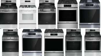A display of various kitchen ranges in different colors and styles.