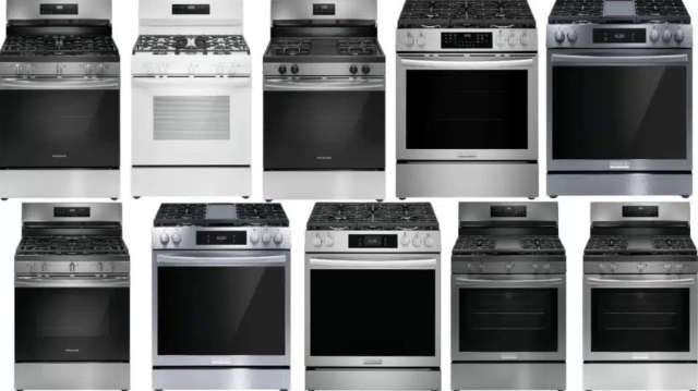 A display of various kitchen ranges in different colors and styles.