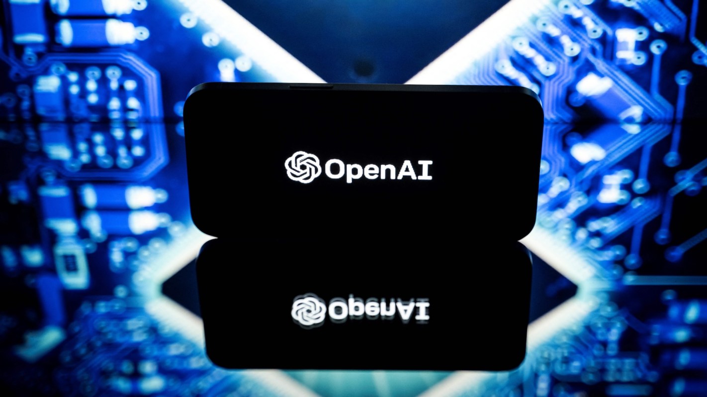 An OpenAI logo over a blue digital circuit board.