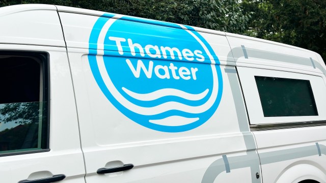 A van with a blue Thames Water logo and a window, parked near greenery.