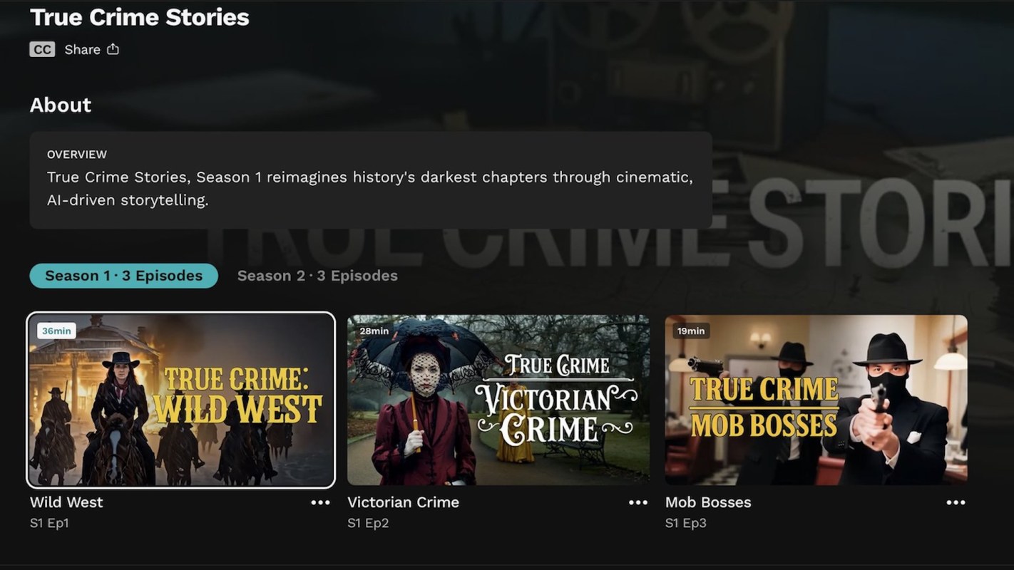 A screen displaying the series "True Crime Stories" with episode titles and descriptions, including a disclaimer on AI usage.