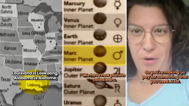 A parent questions misspellings on a U.S. map and a list of planets, including a made-up planet.