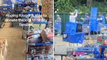 A group of people throwing food into dumpsters, with shopping carts full of food outside a Kroger store.