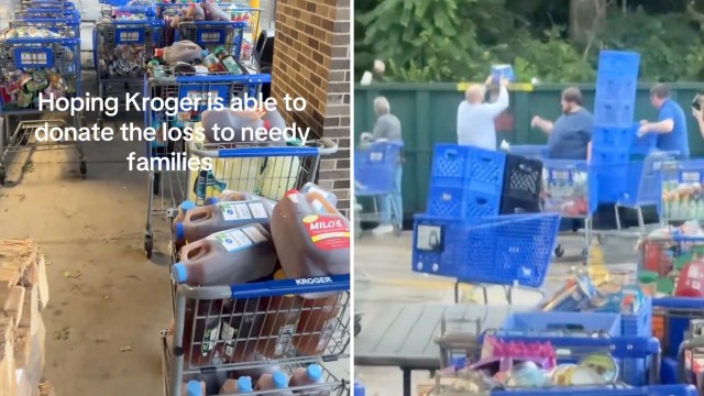 A group of people throwing food into dumpsters, with shopping carts full of food outside a Kroger store.
