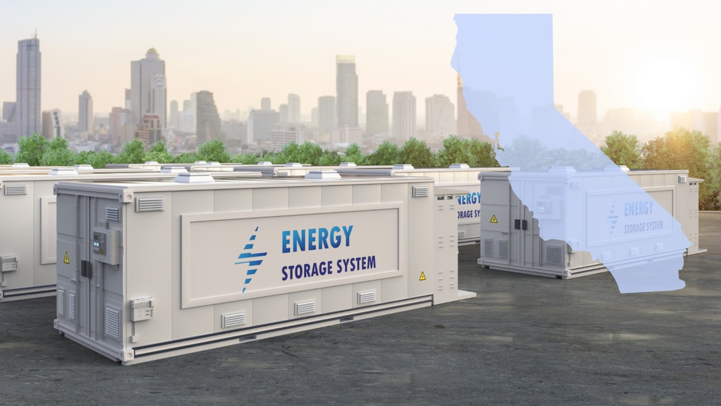 Energy storage systems in a landscape with a city skyline in the background and a graphic of the state of California.