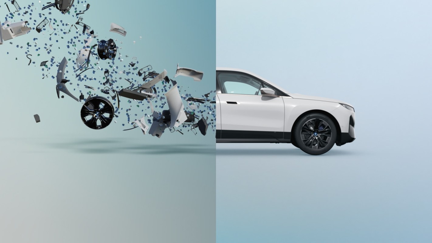 An exploded view of car parts transitioning to a side profile of a white car on a light background.