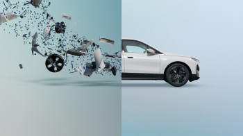 An exploded view of car parts transitioning to a side profile of a white car on a light background.