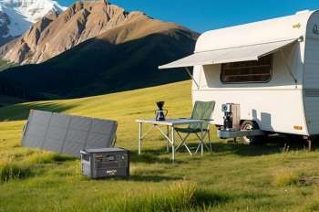 A camping setup with a trailer, a table, a coffee maker, a solar panel, and a power station in a mountainous landscape.