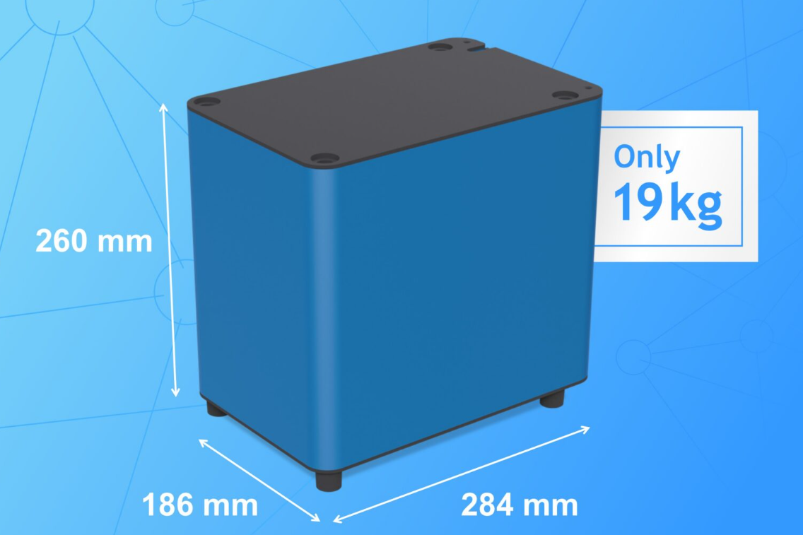 A blue rectangular device with dimensions and weight indicated, set against a light blue background.