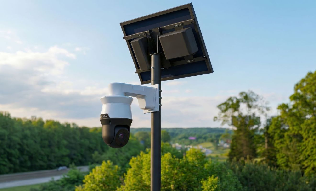 A solar-powered security camera mounted on a pole overlooking a highway and green landscape.