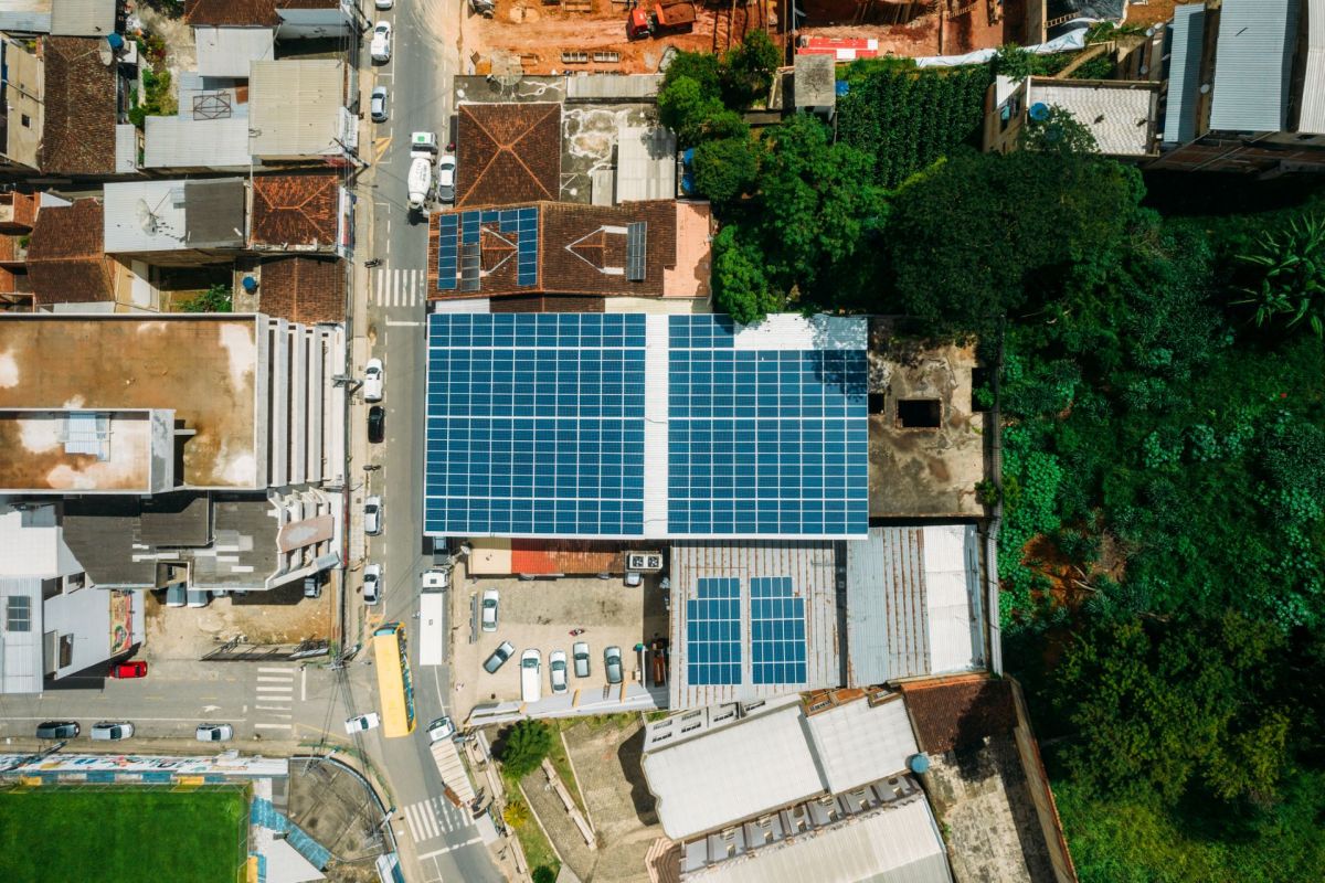 An aerial view of rooftop solar.
