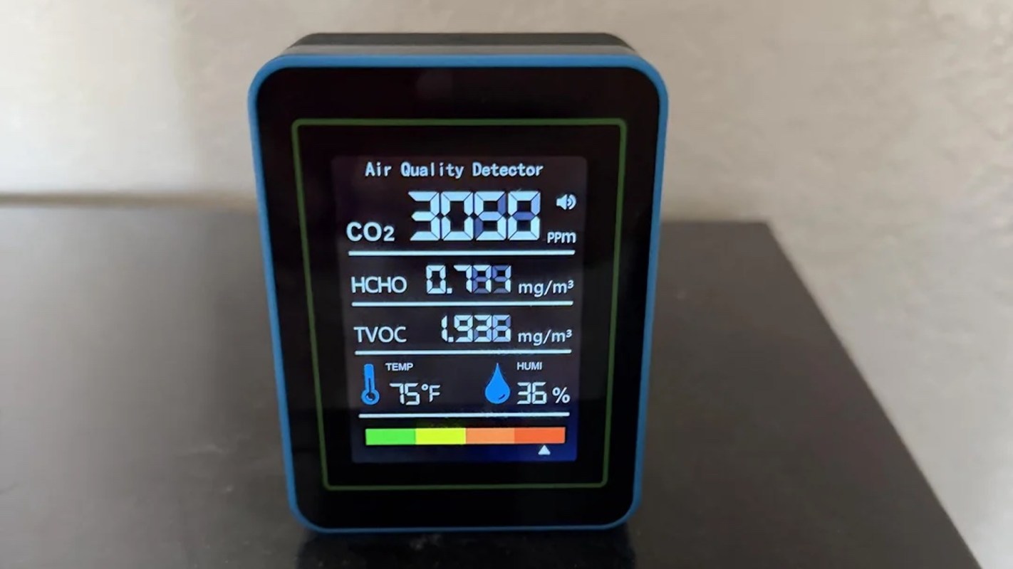 An air quality detector displaying CO2, HCHO, TVOC, temperature, and humidity levels.