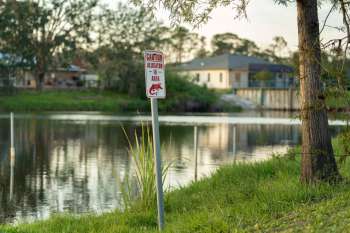 A warning sign for alligators in a residential area.