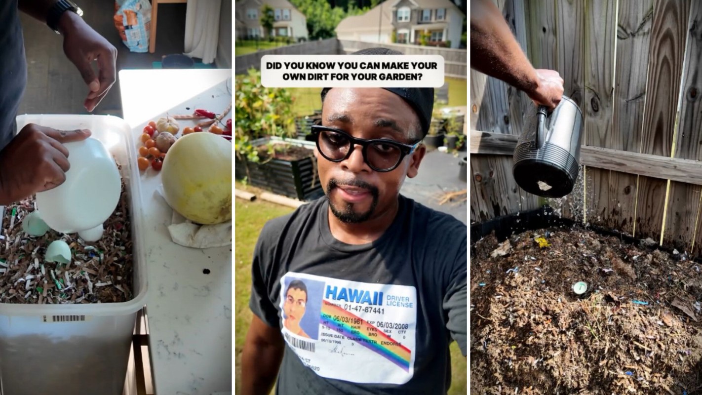 A person uses a container for compost, a garden area, and waters a compost pile with a watering can.