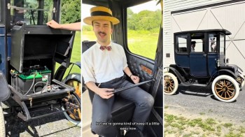 A triptych showing the electric battery of an antique car and the driver in a vintage outfit at the controls.