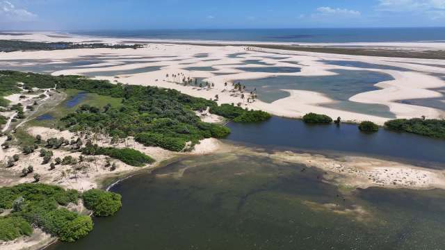 A coastal landscape featuring sandy areas, green vegetation, and water bodies under a clear blue sky.