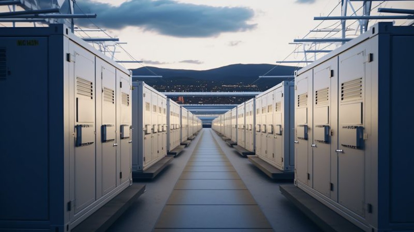 A row of white battery storage units under an overcast sky with mountains in the background.