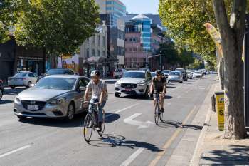 Two cyclists ride on a street with moving cars and trees lining the roadside.