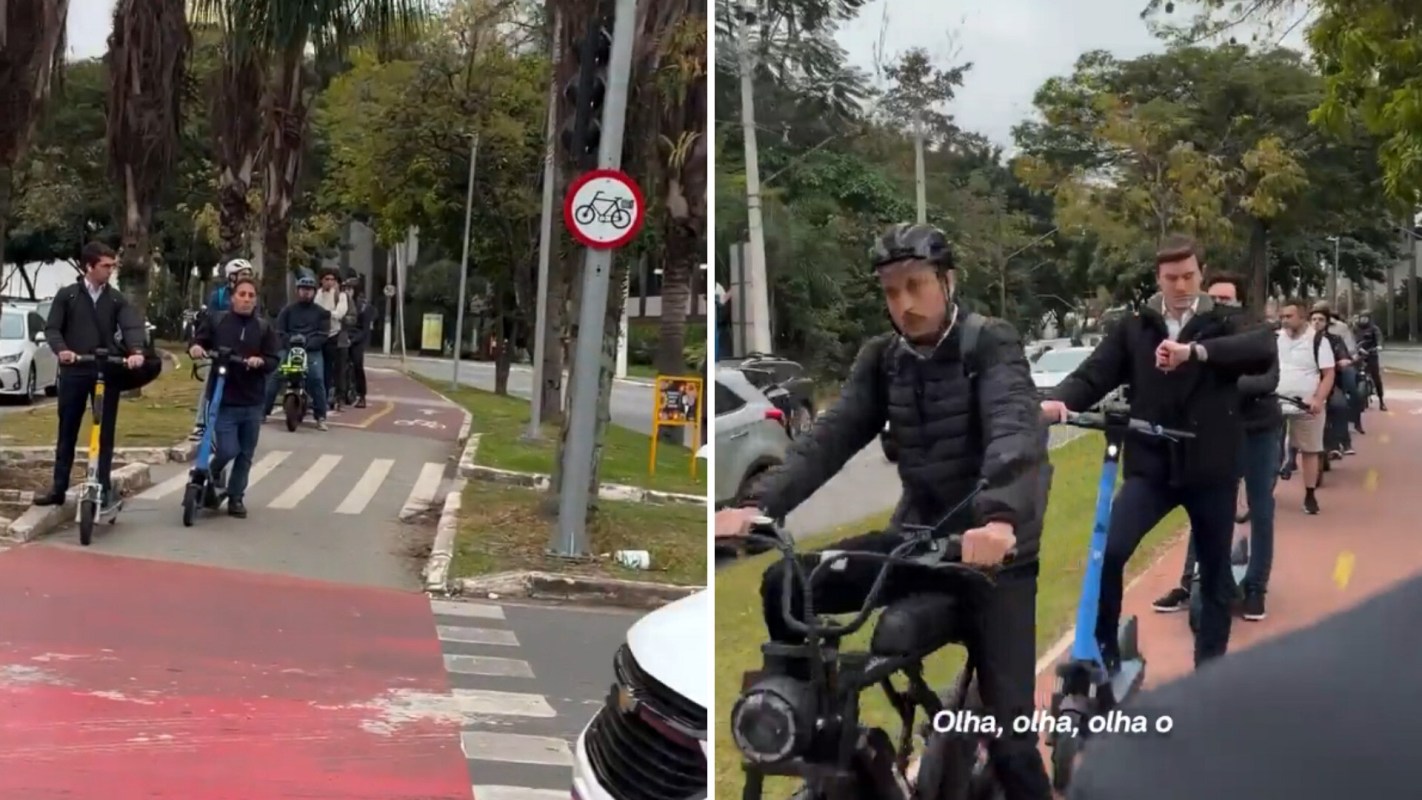 A group of people riding scooters and bicycles on a designated path near palm trees and traffic signs.