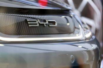 A BYD logo on the front of a car.