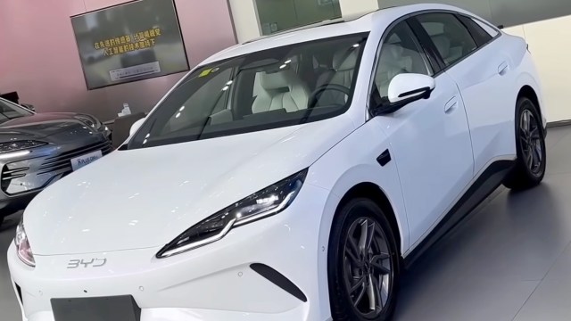 A white BYD electric car.