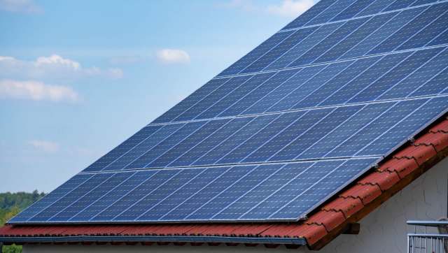 A roof with solar panels.
