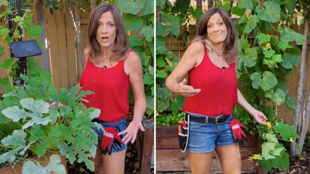 A woman stands in a garden with leafy plants, wearing a red top and gloves, holding gardening tools.