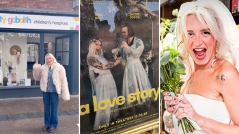 A woman waves outside a children's hospice, a poster for a film, and another woman holds flowers in a bridal outfit.