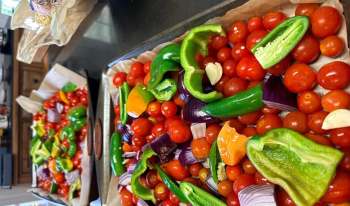 A tray filled with vegetables.