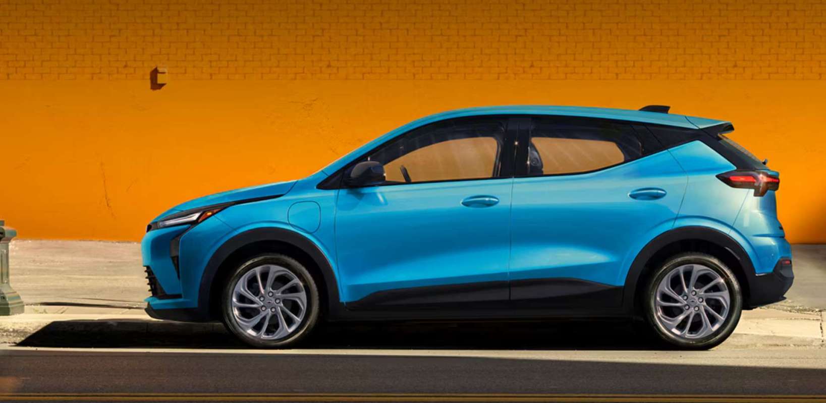 A bright blue Chevrolet Bolt.
