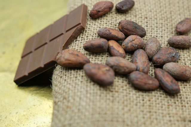 A chocolate bar sits next to cocoa beans