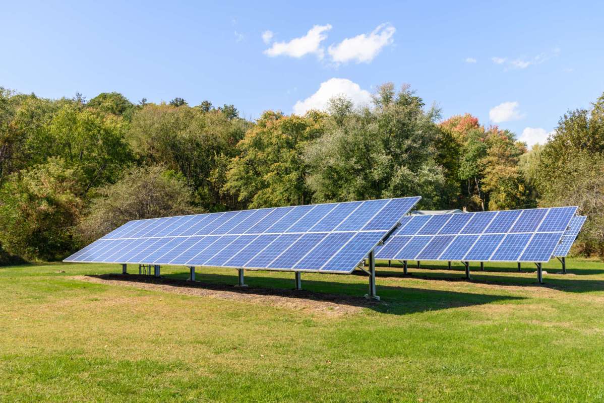 Solar panels installed on a grassy field with trees in the background.