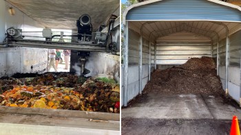 A composting machine with food waste on one side and a storage area filled with soil on the other side.