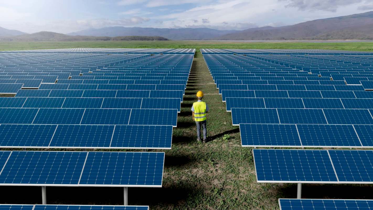A worker inspects a solar panel field with numerous solar panels arranged in rows.
