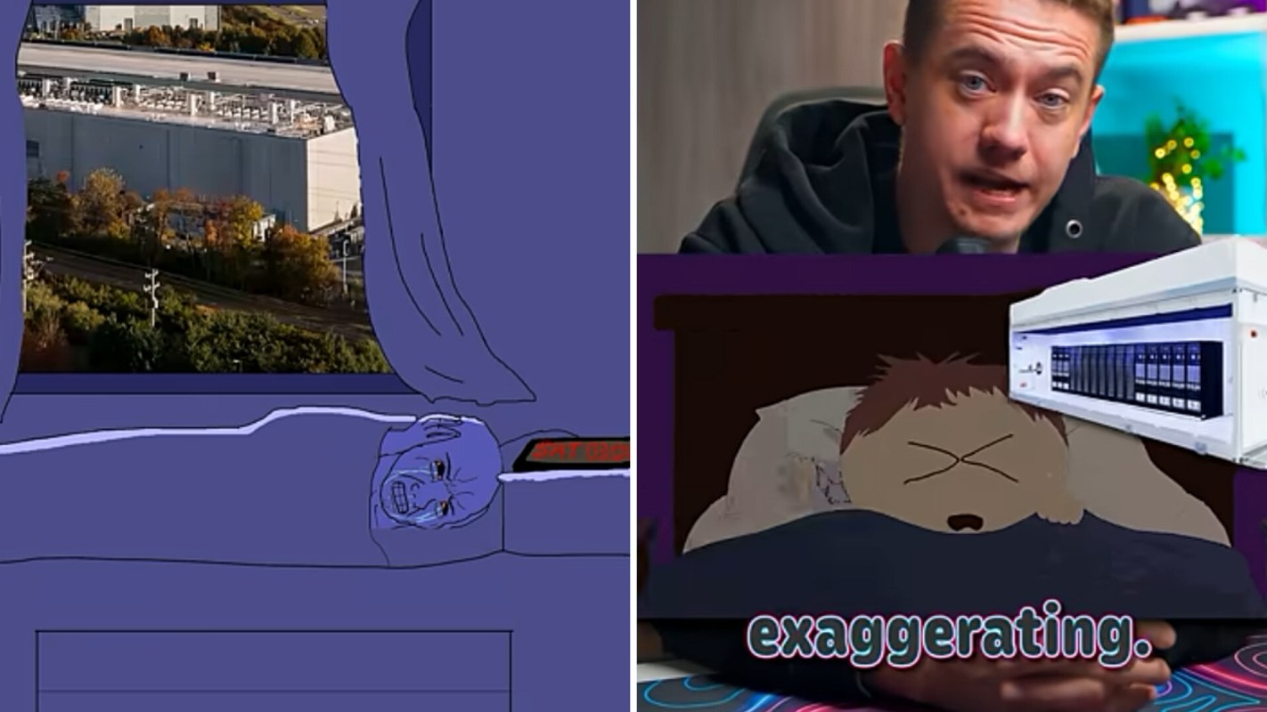 An animated character with a distressed expression lies in bed beside a man speaking into a microphone.