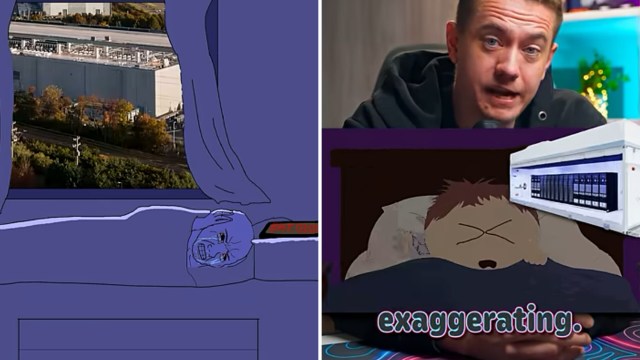An animated character with a distressed expression lies in bed beside a man speaking into a microphone.