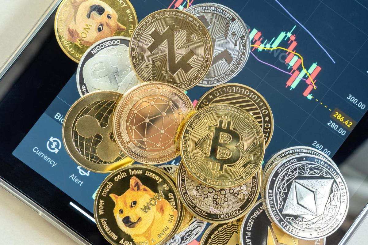 Coins of various cryptocurrencies.